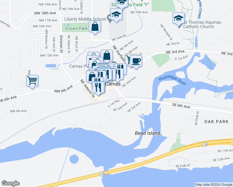 map of restaurants, bars, coffee shops, grocery stores, and more near 424 Northeast 2nd Avenue in Camas