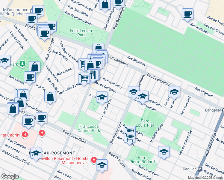 map of restaurants, bars, coffee shops, grocery stores, and more near 6322 Avenue de Carignan in Montreal