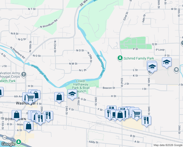 map of restaurants, bars, coffee shops, grocery stores, and more near 2698 North L Street in Washougal