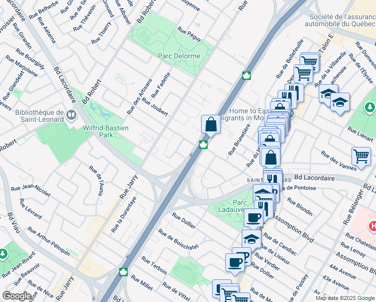 map of restaurants, bars, coffee shops, grocery stores, and more near 5515 Boulevard Métropolitain Est in Montreal