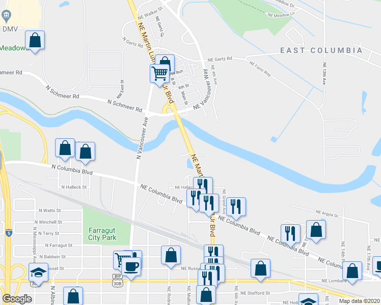 map of restaurants, bars, coffee shops, grocery stores, and more near Northeast Martin Luther King Junior Boulevard & Northeast M L King Boulevard in Portland