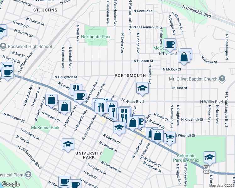 map of restaurants, bars, coffee shops, grocery stores, and more near 8405 North Portsmouth Avenue in Portland