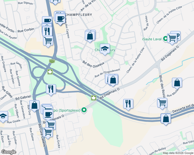 map of restaurants, bars, coffee shops, grocery stores, and more near 2638 Rue de l'Engoulevent in Laval