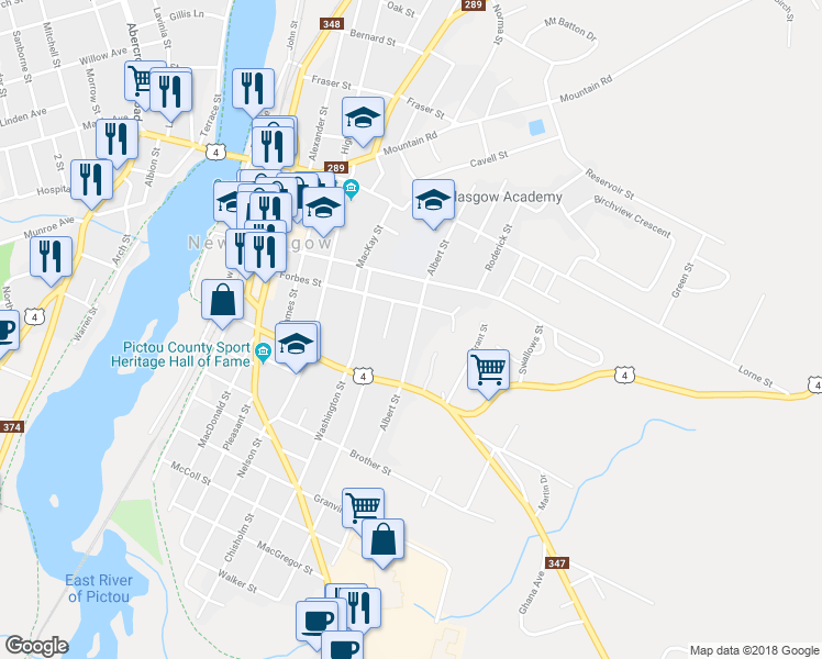 map of restaurants, bars, coffee shops, grocery stores, and more near 219 Albert Street in New Glasgow