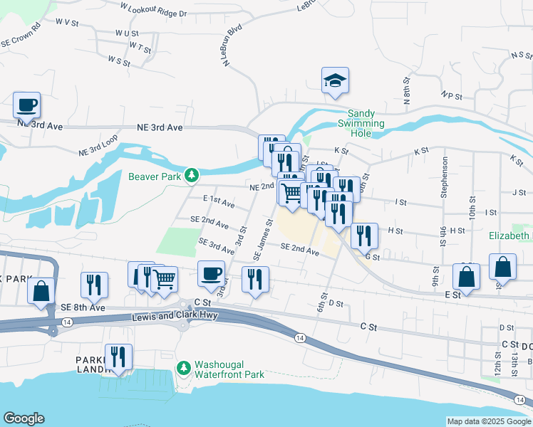 map of restaurants, bars, coffee shops, grocery stores, and more near 107 Northeast James Street in Camas