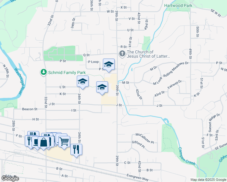map of restaurants, bars, coffee shops, grocery stores, and more near 1201 39th Street in Washougal