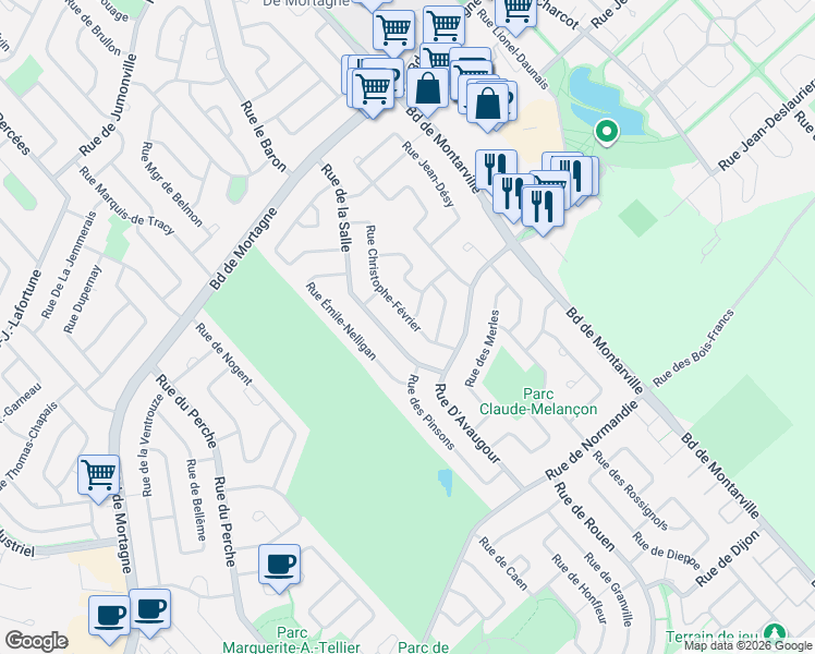 map of restaurants, bars, coffee shops, grocery stores, and more near 374 Rue Christophe-Février in Boucherville