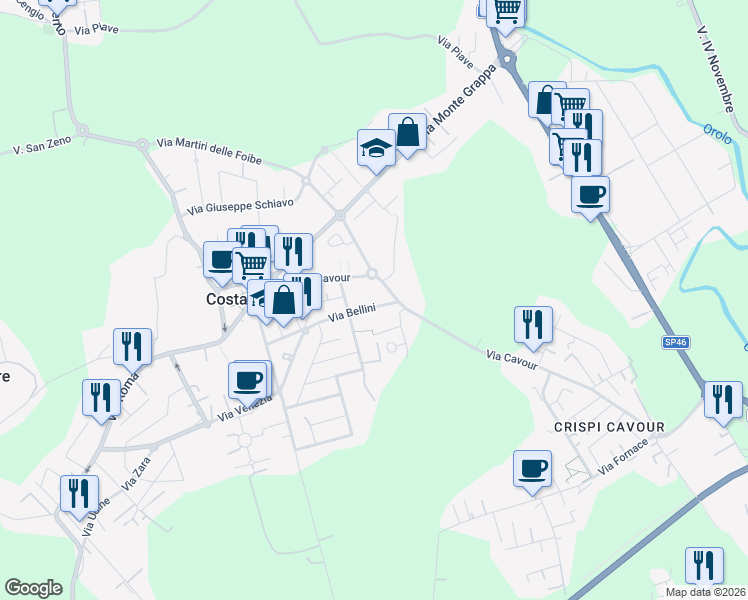 map of restaurants, bars, coffee shops, grocery stores, and more near 6 Via Bellini in Costabissara