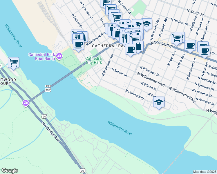 map of restaurants, bars, coffee shops, grocery stores, and more near 8424 North Crawford Street in Portland