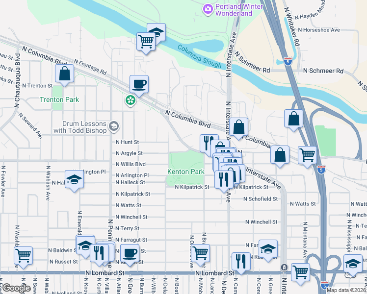 map of restaurants, bars, coffee shops, grocery stores, and more near 8545 North Argyle Way in Portland