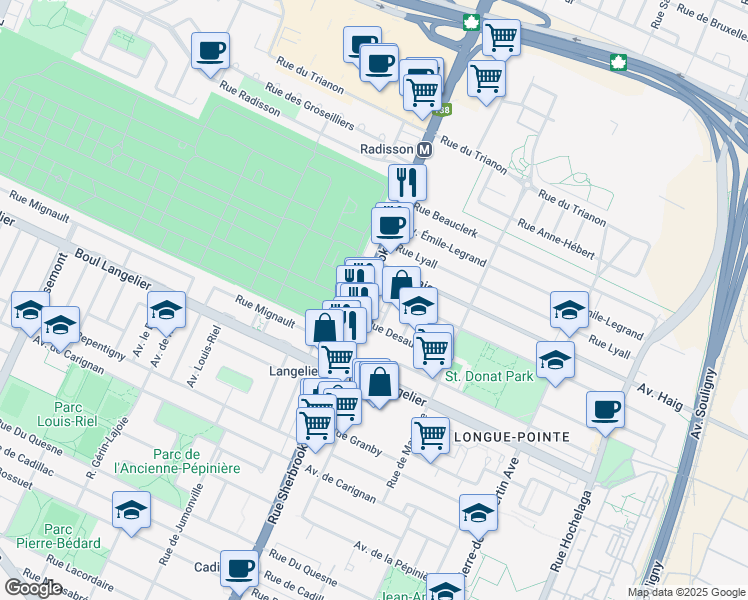 map of restaurants, bars, coffee shops, grocery stores, and more near in Montreal