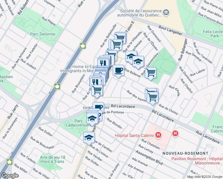 map of restaurants, bars, coffee shops, grocery stores, and more near 5857 Rue Charmenil in Montréal