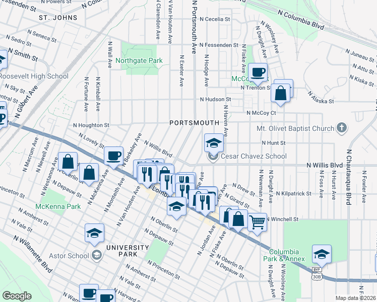 map of restaurants, bars, coffee shops, grocery stores, and more near 8409 North Gloucester Avenue in Portland