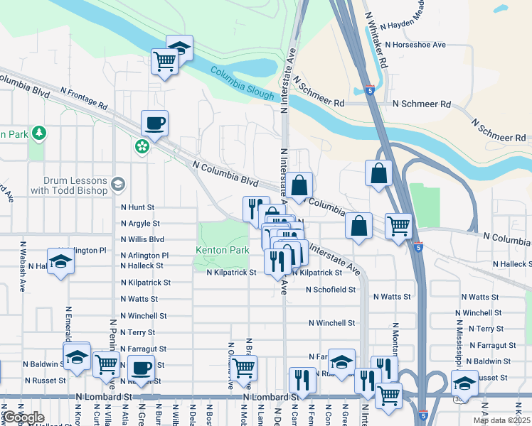 map of restaurants, bars, coffee shops, grocery stores, and more near 2030 North Columbia Boulevard in Portland