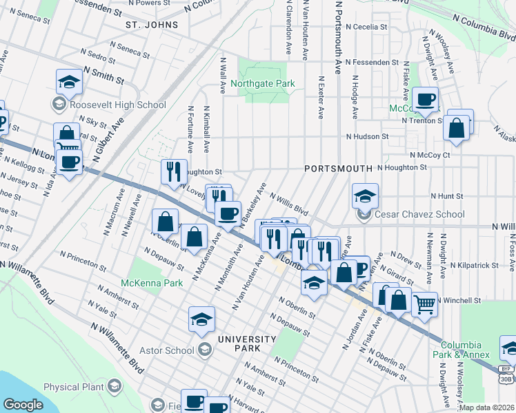 map of restaurants, bars, coffee shops, grocery stores, and more near 7915 North Clarendon Avenue in Portland