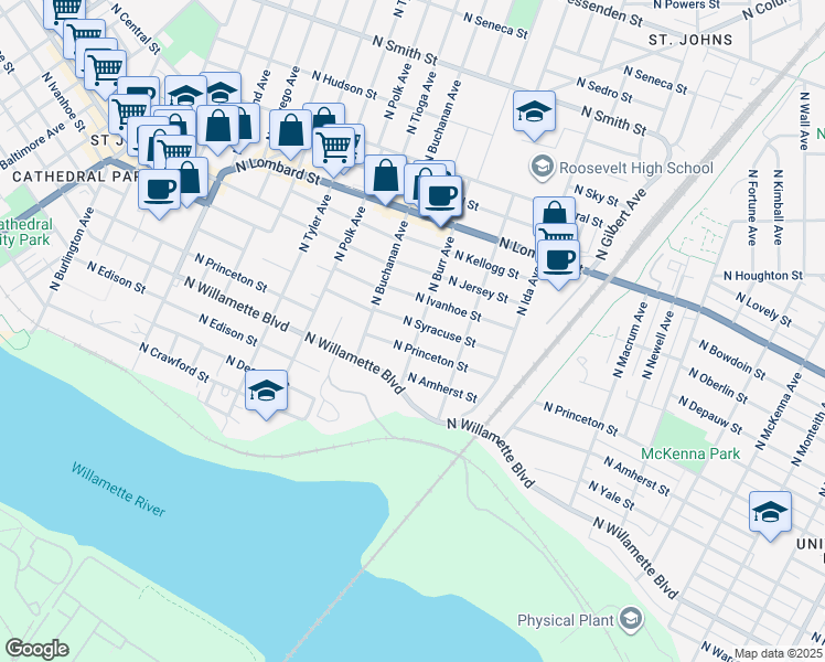 map of restaurants, bars, coffee shops, grocery stores, and more near 7304 North Syracuse Street in Portland