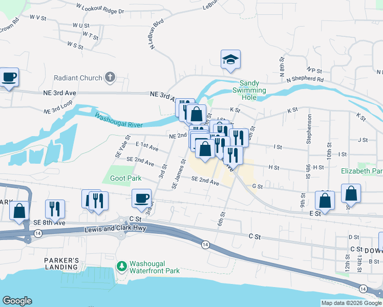 map of restaurants, bars, coffee shops, grocery stores, and more near 116 Northeast James Street in Camas