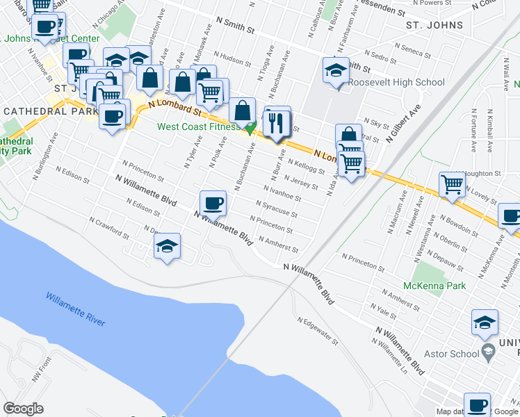 map of restaurants, bars, coffee shops, grocery stores, and more near 7304 North Syracuse Street in Portland