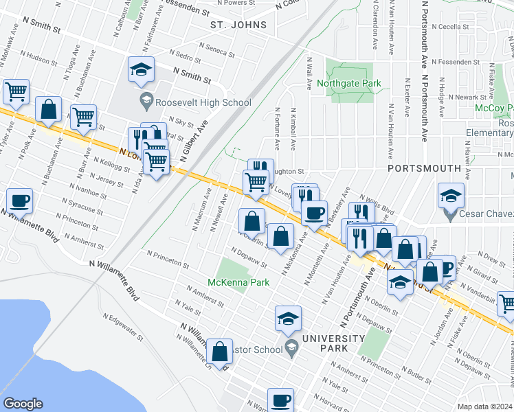 map of restaurants, bars, coffee shops, grocery stores, and more near 6300 North Lombard Street in Portland