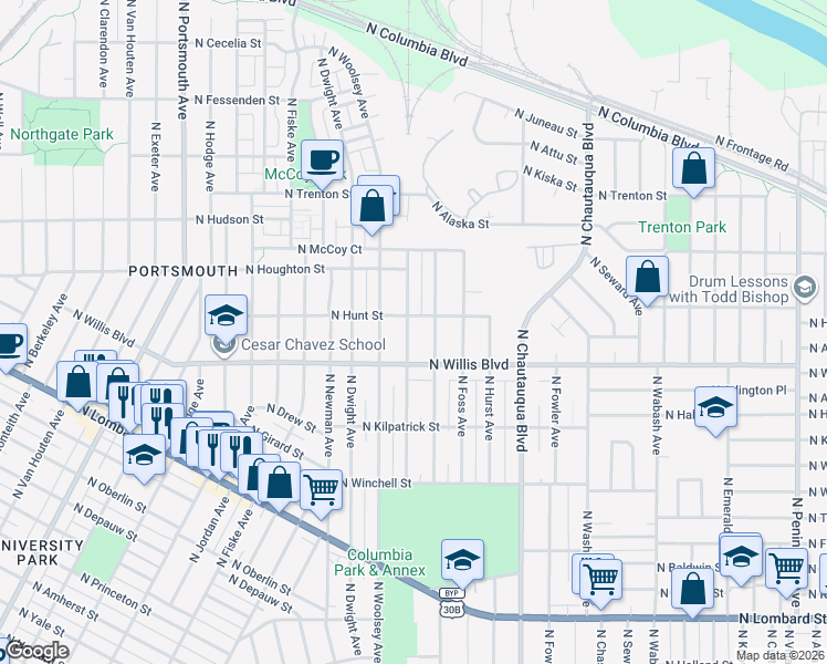 map of restaurants, bars, coffee shops, grocery stores, and more near 8606 North Dana Avenue in Portland