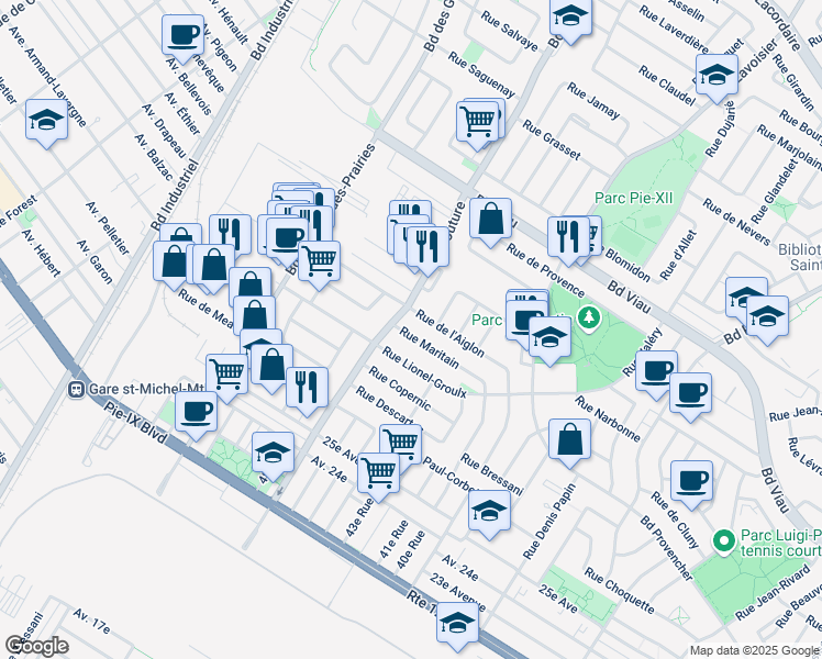 map of restaurants, bars, coffee shops, grocery stores, and more near 9097 Rue Maritain in Montréal