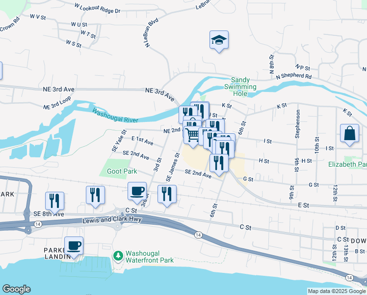 map of restaurants, bars, coffee shops, grocery stores, and more near 116 Northeast James Street in Camas