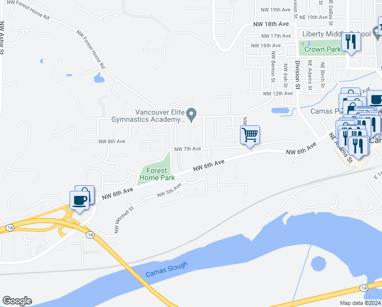 map of restaurants, bars, coffee shops, grocery stores, and more near 850 Northwest 7th Avenue in Camas