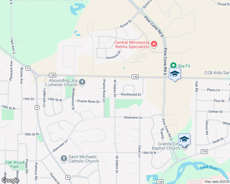 map of restaurants, bars, coffee shops, grocery stores, and more near 1915 West Oakes Drive in Saint Cloud