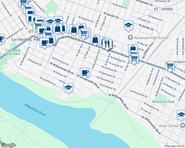 map of restaurants, bars, coffee shops, grocery stores, and more near 7106 North Buchanan Avenue in Portland