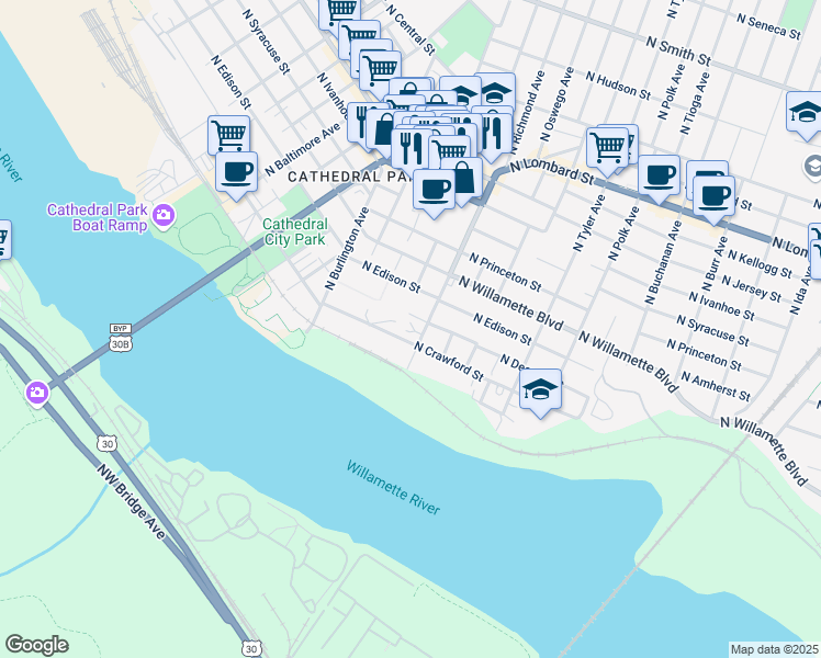 map of restaurants, bars, coffee shops, grocery stores, and more near 6729 North Richmond Avenue in Portland