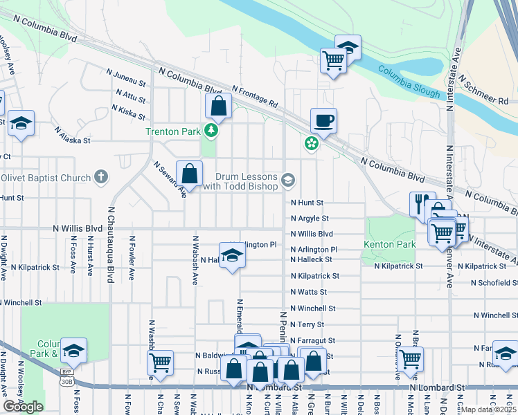 map of restaurants, bars, coffee shops, grocery stores, and more near 8523 North Curtis Avenue in Portland
