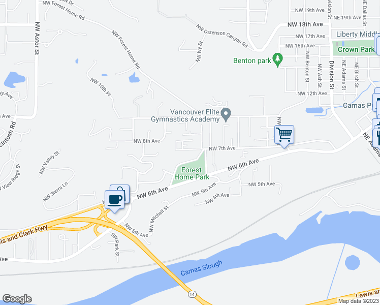 map of restaurants, bars, coffee shops, grocery stores, and more near 1114 Northwest 7th Avenue in Camas