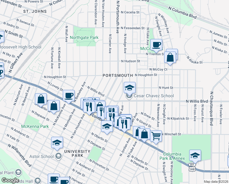 map of restaurants, bars, coffee shops, grocery stores, and more near 8413 North Gloucester Avenue in Portland