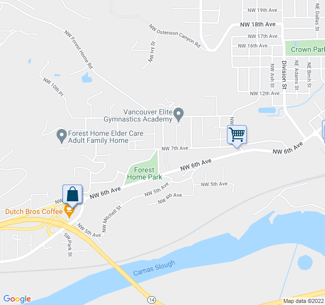 map of restaurants, bars, coffee shops, grocery stores, and more near 940 Northwest 7th Avenue in Camas