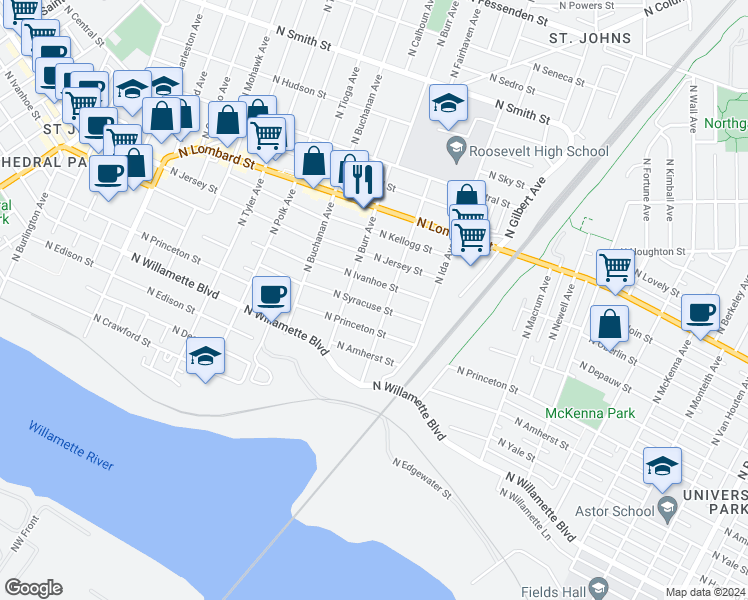 map of restaurants, bars, coffee shops, grocery stores, and more near 7127 North Syracuse Street in Portland