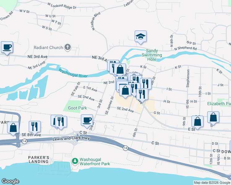 map of restaurants, bars, coffee shops, grocery stores, and more near 140 Northeast James Street in Camas