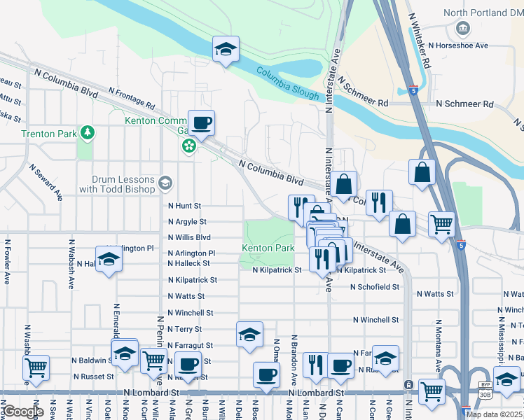 map of restaurants, bars, coffee shops, grocery stores, and more near 6407 Argyle Way in Portland