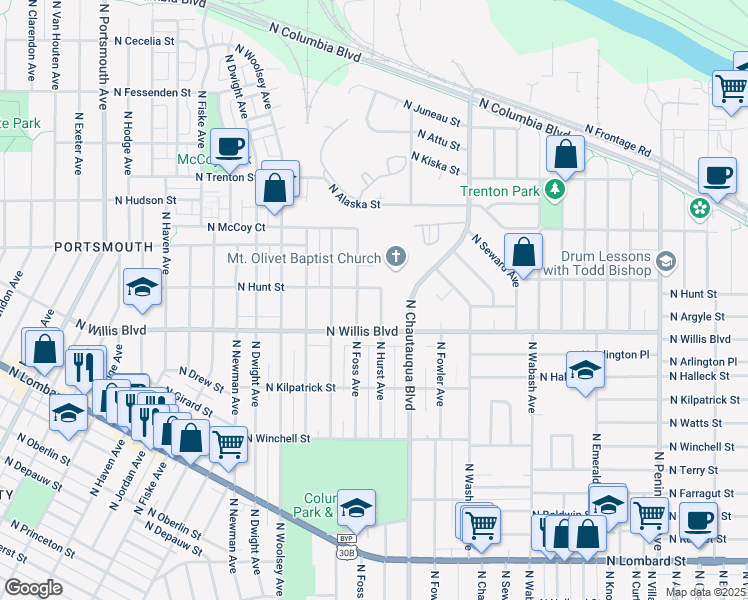map of restaurants, bars, coffee shops, grocery stores, and more near 8609 North Hurst Avenue in Portland