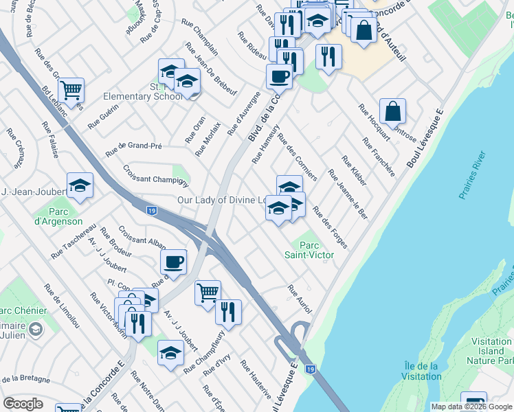 map of restaurants, bars, coffee shops, grocery stores, and more near 780 Avenue Curé-Cloutier in Laval