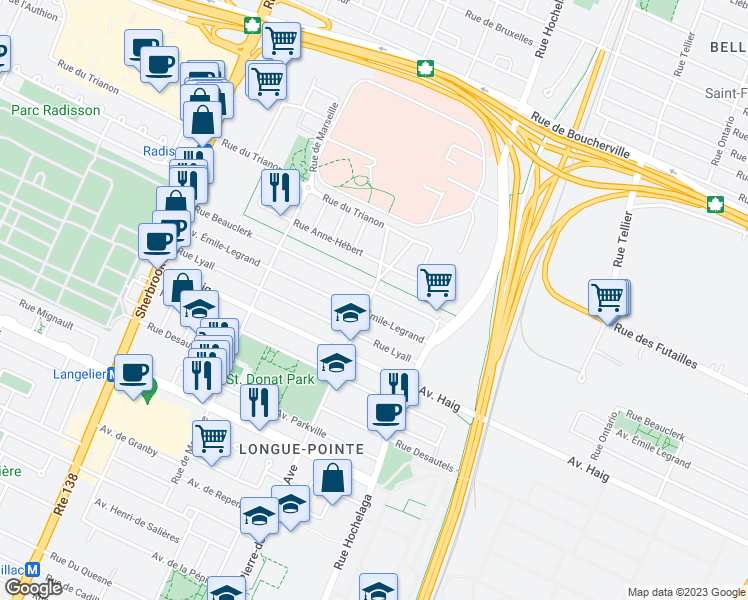 map of restaurants, bars, coffee shops, grocery stores, and more near 7040 Avenue Pierre-De Coubertin in Montréal