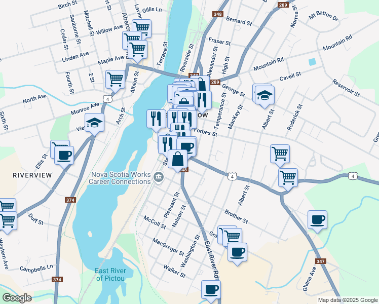 map of restaurants, bars, coffee shops, grocery stores, and more near 262 Archimedes Street in New Glasgow