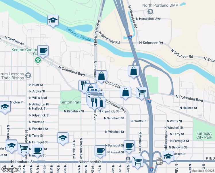 map of restaurants, bars, coffee shops, grocery stores, and more near 1810 North Columbia Boulevard in Portland