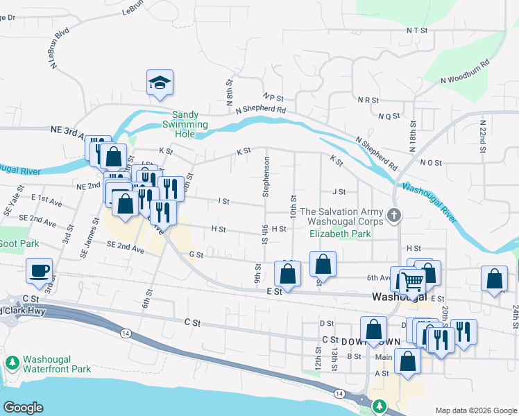 map of restaurants, bars, coffee shops, grocery stores, and more near 878 I Street in Washougal