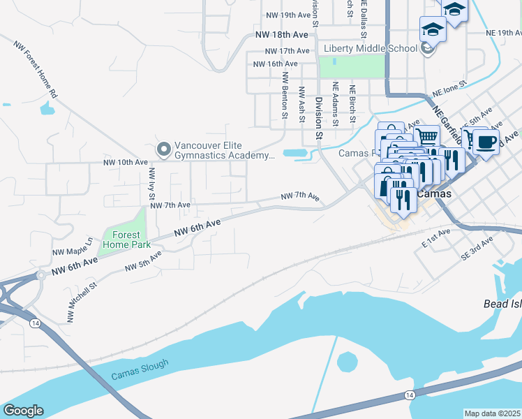 map of restaurants, bars, coffee shops, grocery stores, and more near 401 Northwest 6th Avenue in Camas
