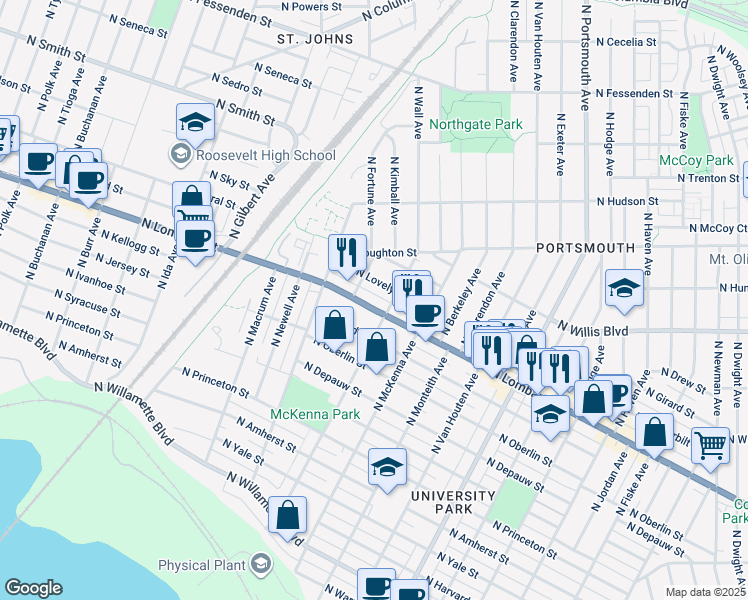 map of restaurants, bars, coffee shops, grocery stores, and more near 6123 North Lombard Street in Portland