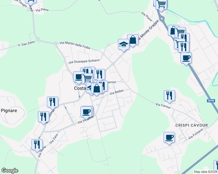 map of restaurants, bars, coffee shops, grocery stores, and more near 14 Via G. Donizetti in Costabissara