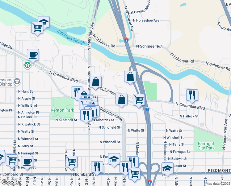 map of restaurants, bars, coffee shops, grocery stores, and more near 1635 North Columbia Boulevard in Portland