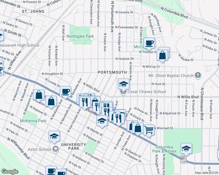 map of restaurants, bars, coffee shops, grocery stores, and more near 8417 North Gloucester Avenue in Portland