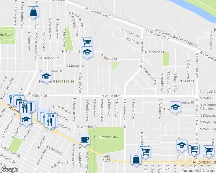 map of restaurants, bars, coffee shops, grocery stores, and more near 8611 North Foss Avenue in Portland