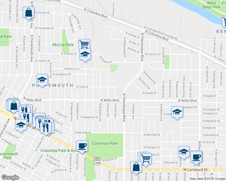 map of restaurants, bars, coffee shops, grocery stores, and more near 8609 North Hurst Avenue in Portland